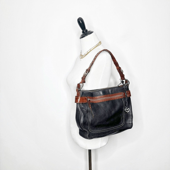 BRIGHTON Pebbled Leather Two tone Shoulder Bag Silver brown equestrian #D488475 - Picture 1 of 9